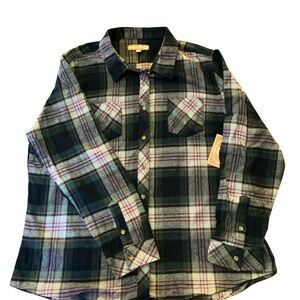 Plaid Button Down Shirt - Green purple blue black
